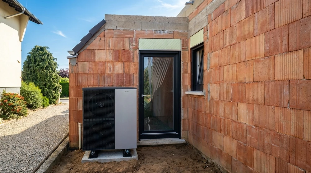 Extérieur d'une maison en construction, murs en briques monomur apparentes, sol en terre battue