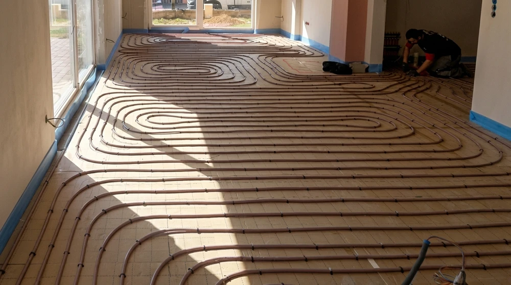 Intérieur en construction, un technicien en tenue de travail installe un réseau de tubes sur un plancher