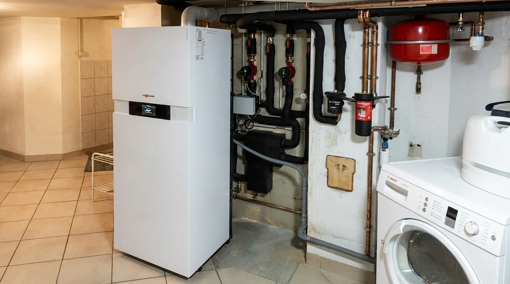 Sous-sol technique avec installation de chauffage moderne