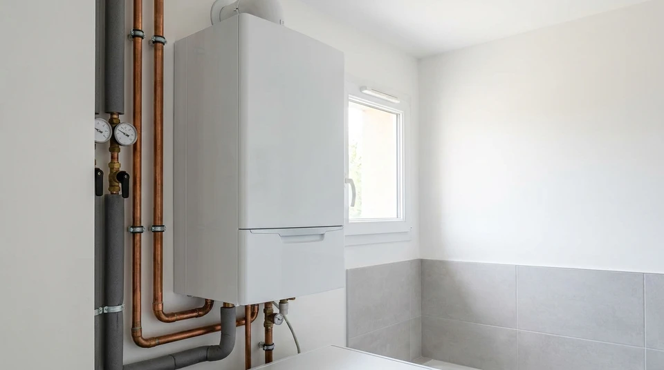 Gros plan d'une chaudière gaz à condensation moderne installée dans une chaufferie d'habitation. La chaudière doit être clairement visible, de couleur blanche ou gris clair, avec ses tuyauteries et connexions bien définies. La photo montre l'équipement dans son environnement d'installation réel, dans une ambiance de pièce technique propre et bien entretenue. L'image transmet l'impression de technologie performante et fiable, adaptée à un usage résidentiel.