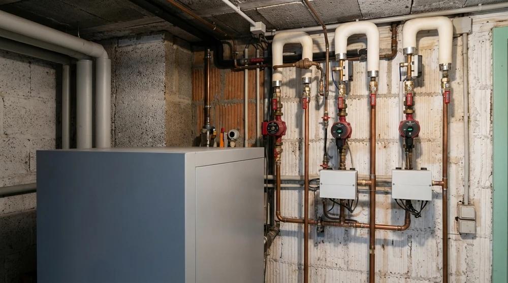 Chaufferie en sous-sol avec réseau de distribution hydraulique