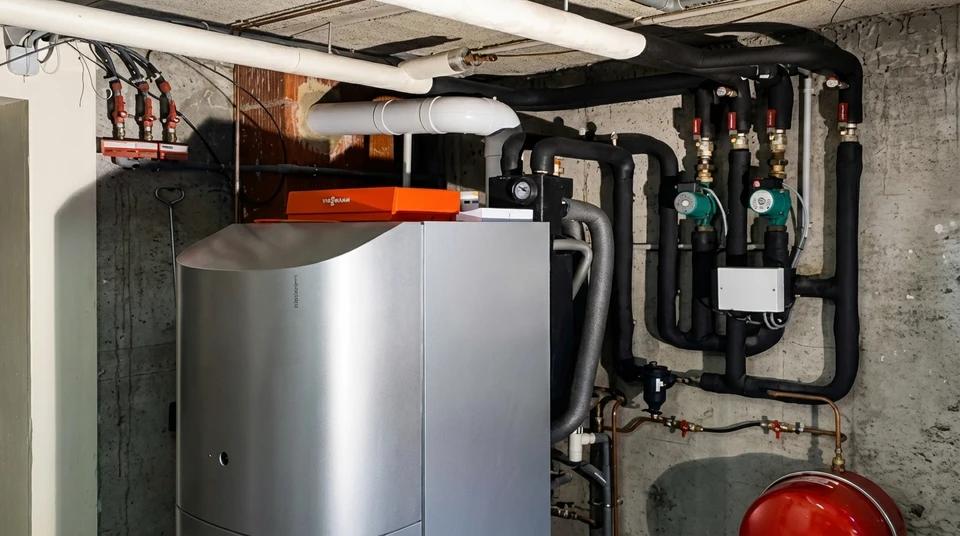 Scène extérieure résidentielle avec installation de stockage de combustible domestique sur dalle béton, entourée de gravier décoratif et pelouse