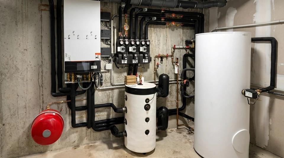 Int&eacute;rieur domestique avec radiateur &eacute;lectrique blanc &agrave; ailettes, chaudi&egrave;re murale grise avec affichage digital, bo&icirc;te &agrave; outils rouge contenant cl&eacute;s &agrave; molette et outils de plomberie sur parquet bois, mur bleu