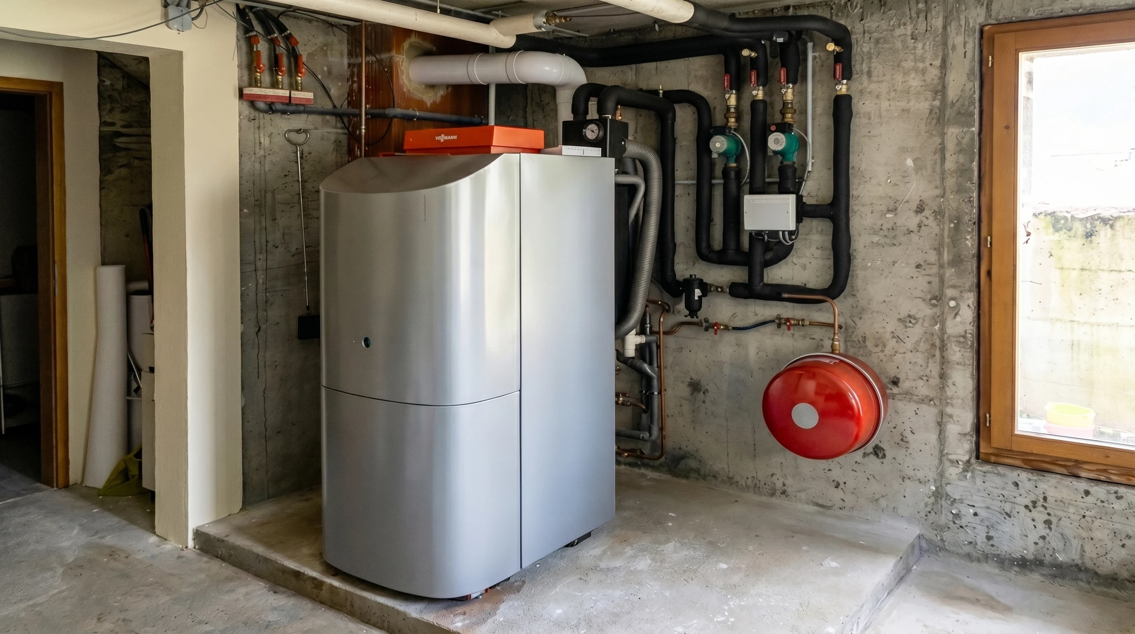 Photographie en légère plongée d'un technicien chauffagiste expérimenté portant une tenue professionnelle, en train d'inspecter ou d'installer une chaudière fioul dans une chaufferie résidentielle typique. L'environnement montre un local technique bien organisé avec les équipements visibles en arrière-plan. L'atmosphère doit transmettre l'expertise, la rigueur technique et la proximité avec le client (peut-être un propriétaire visible en arrière-plan observant le travail). Lumière naturelle ou professionnelle, teintes chaleureuses pour évoquer le chauffage.